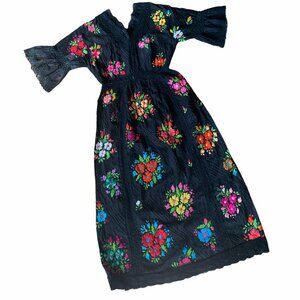 Vintage Handmade Floral Eclectic Embroidered Boho Hippie Maxi Dress
